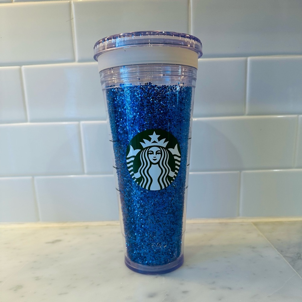 Starbucks cold cup, clear double wall, insulated with blue sparkles tumbler 24oz